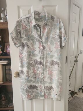 Tropical Print Short-Sleeve Linen Shirtdress